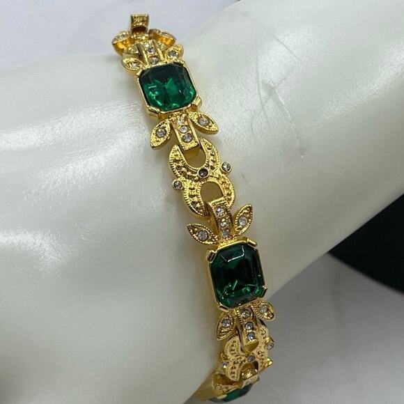 Vintage Joan Rivers Signed Faux Emerald & Clear CZ Gold Tone Tennis Bracelet - Picture 12 of 12